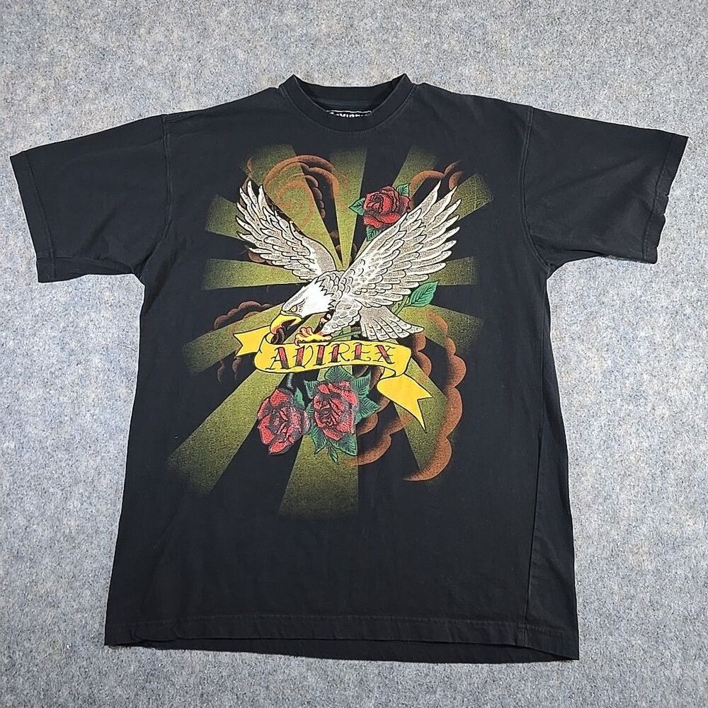 Avirex Shirt Men's Large Black Eagle Studs Floral Roses Rhinestones Y2K Style Te